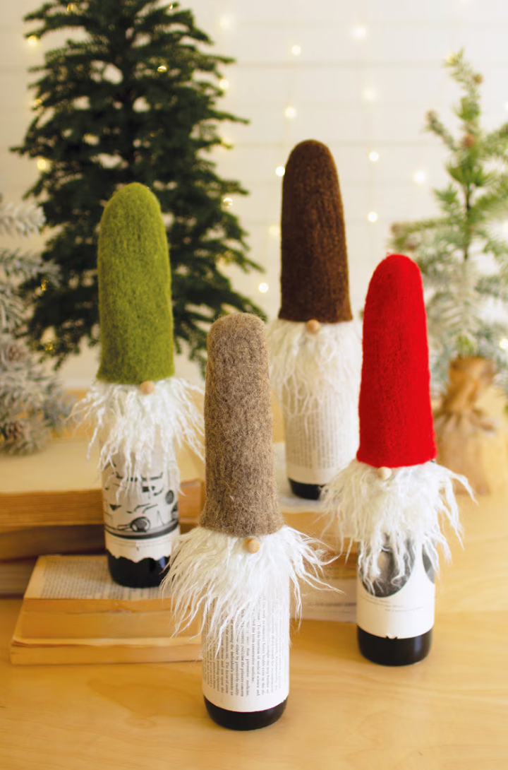 Set of 4 Felt Santa Wine Toppers with Wispy Beards