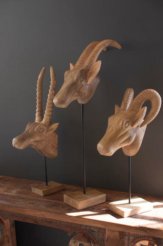 Set of 3 Carved Mango Wood African Animal Heads