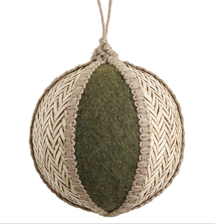 Rattan Felt Ball Ornament  Green Beige