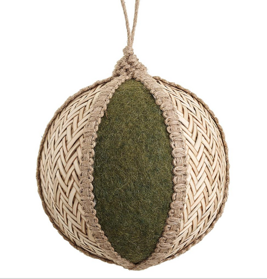 Rattan Felt Ball Ornament  Green Beige