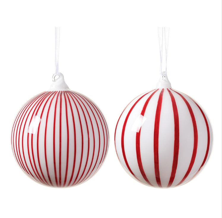 4" Glass Ball Ornament White Red