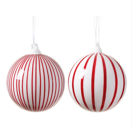 4" Glass Ball Ornament White Red
