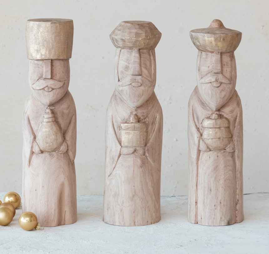 Hand-Carved Mango Wood Wise Men, Natural & Rubbed Gold Finish