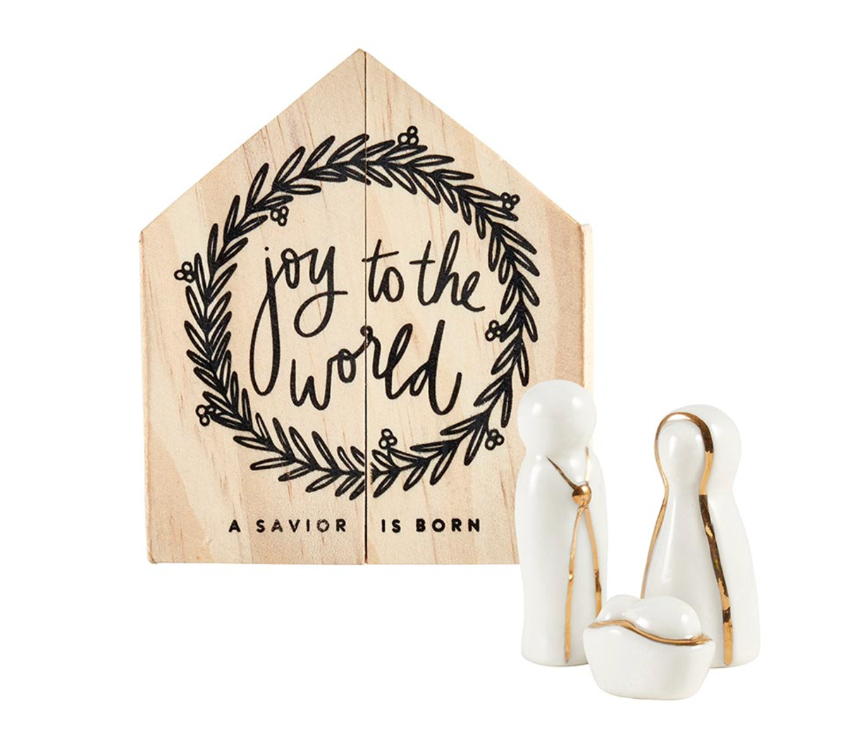 Ceramic Figurine Pine Wood Box - Holy Family