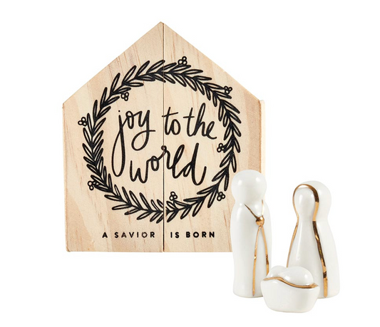 Ceramic Figurine Pine Wood Box - Holy Family