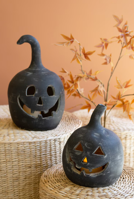 Set of 2 Black Clay Jack-O-Lanterns