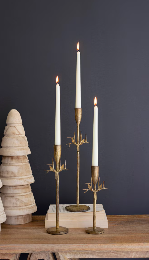 Set of Three Forged-Iron Deer Antique Gold Taper Candle Holder