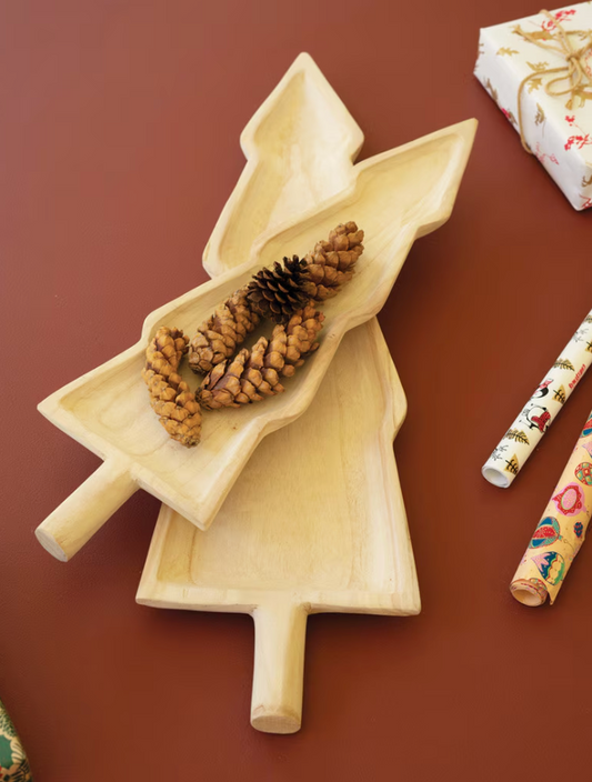 Set of two carved wooden Christmas tree platters