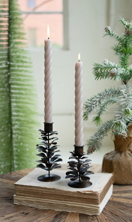 Set of two antique brown metal pine cone taper candle holders