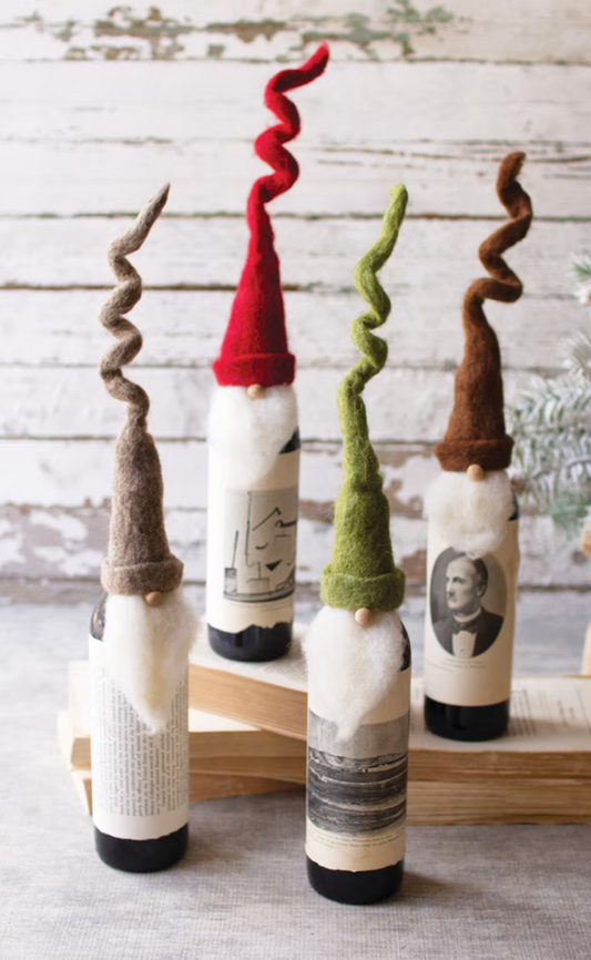 Felt Santa Wine Toppers with Curly Hats