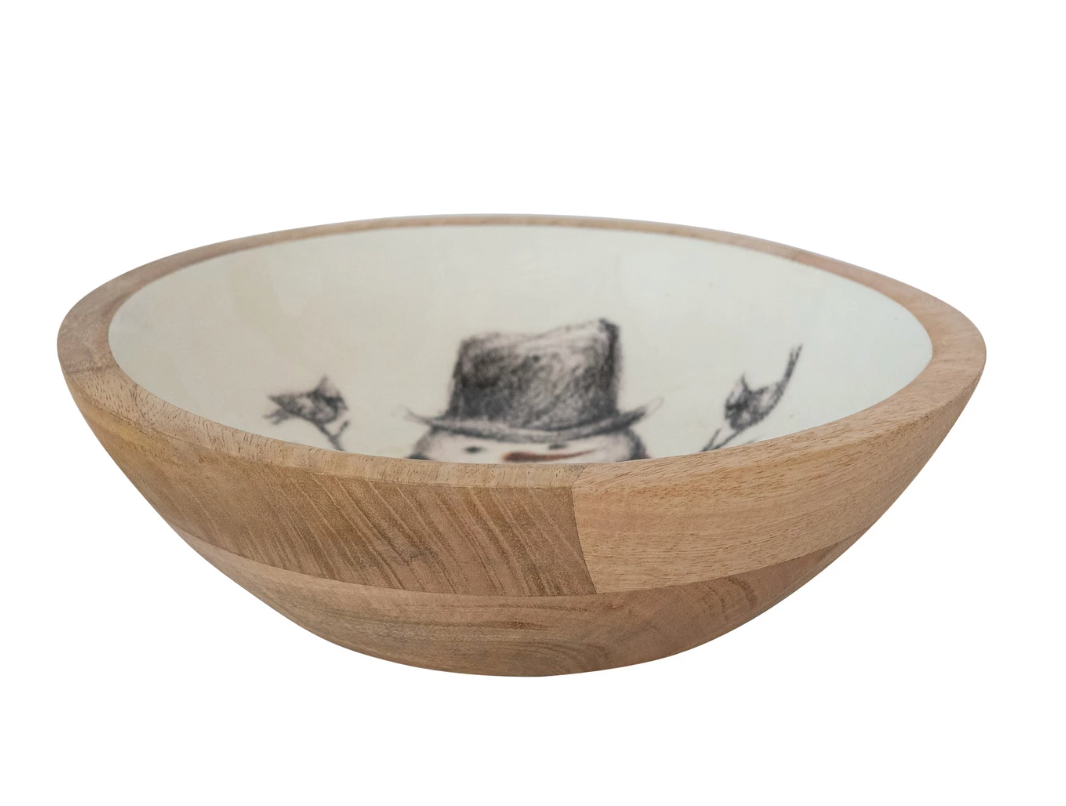 Enameled Mango Wood Bowl with Snowman & Bird Image