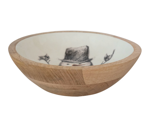 Enameled Mango Wood Bowl with Snowman & Bird Image