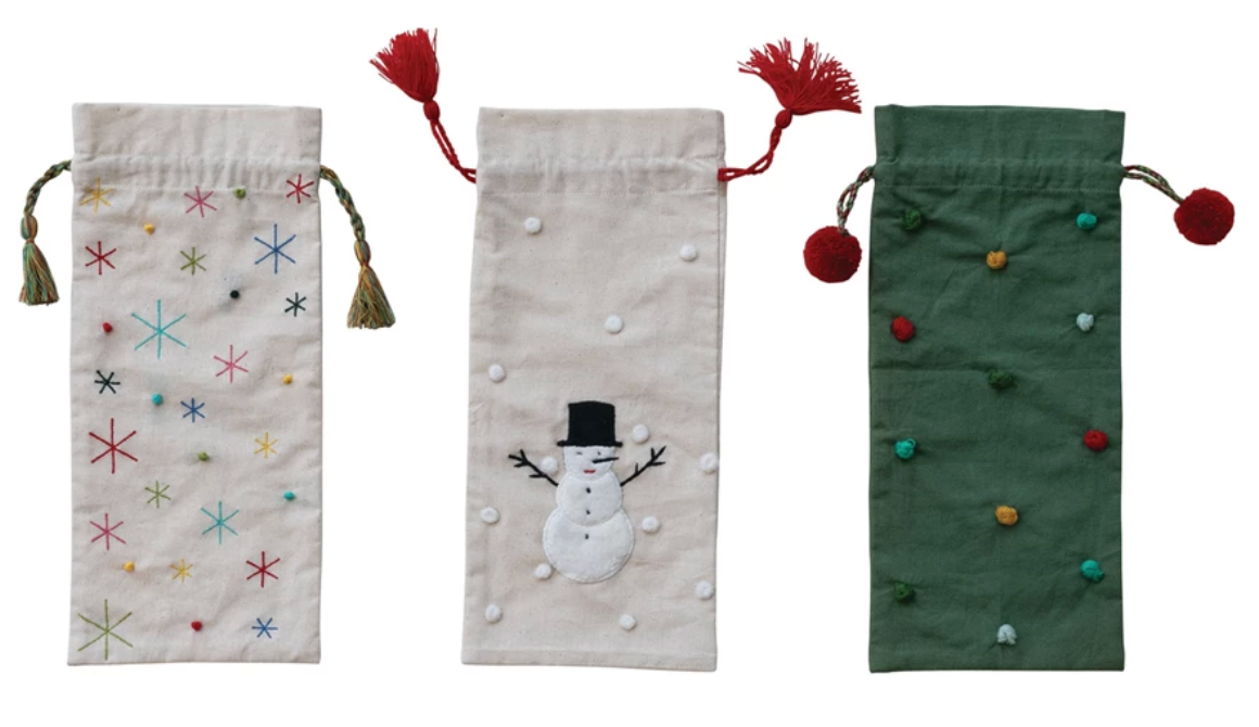 Hand-Embroidered Drawstring Wine Bag with Tassels/Pom Poms