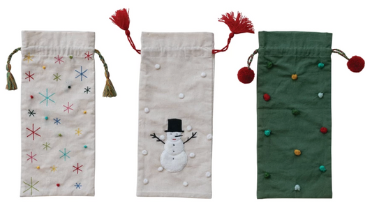Hand-Embroidered Drawstring Wine Bag with Tassels/Pom Poms