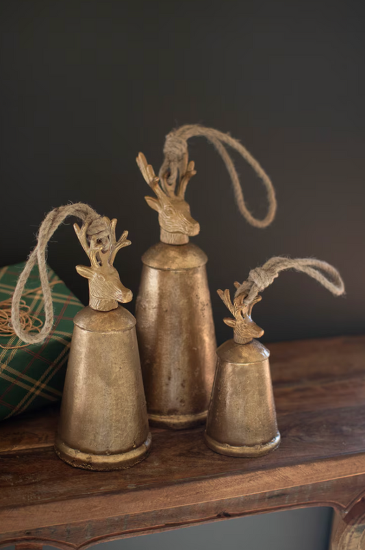 Set of 3 Antique Gold Metal Christmas Bells with Deer Finials