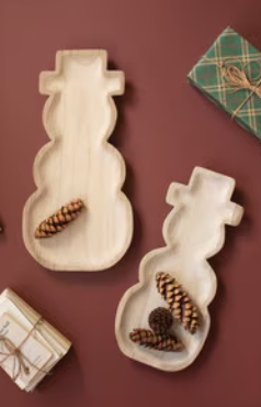 Set of 2 Carved Wood Snowmen Trays