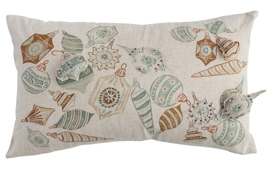 Lumbar Pillow with Holiday Ornament Pattern, Beads & 3D Ornaments