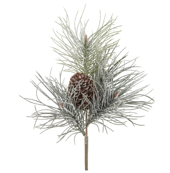 14" Snowed Long Needle Pine Pick With Pine Cone Brown Green