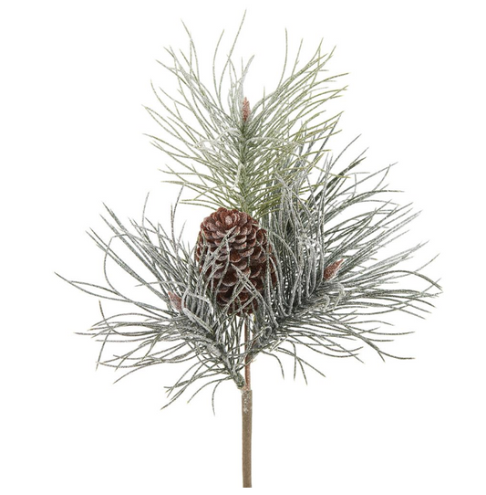14" Snowed Long Needle Pine Pick With Pine Cone Brown Green