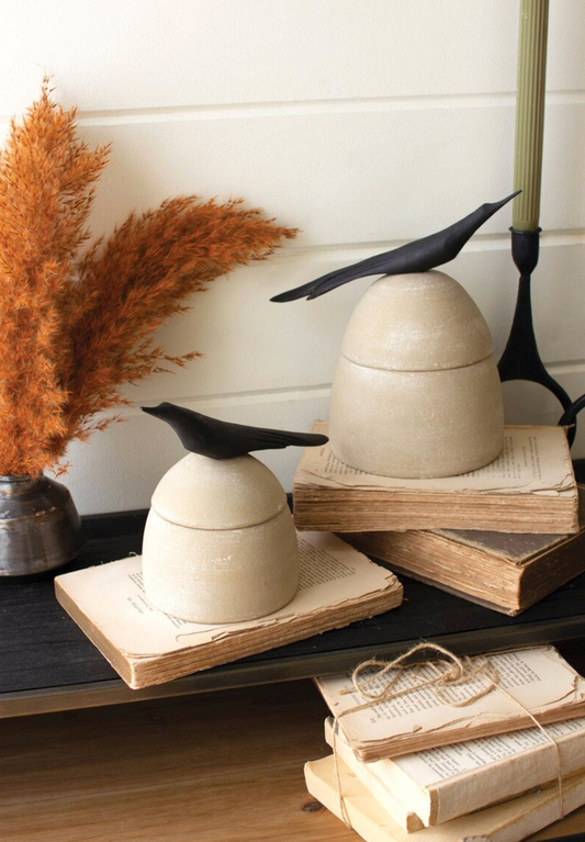 Set of 2 Clay Canisters with Wooden Bird Handles