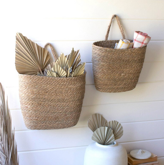 Set of 2 Tall Oval Woven Seagrass Wall Baskets