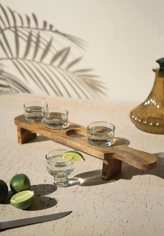 Tequila Flight with Four Glasses on a Wooden Tray