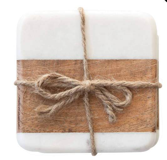 Marble and Acacia Wood Coasters, Set of 4