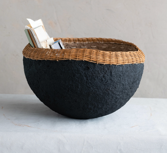 Decorative Handmade Paper Mache Bowl w/ Wicker Rim (Each One Will Vary)