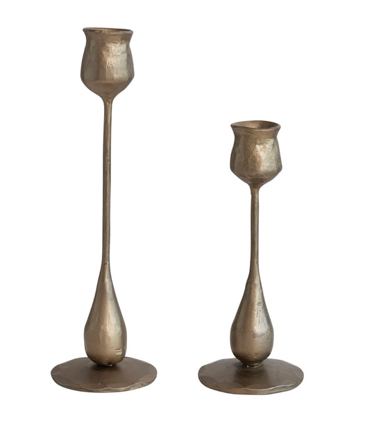 Hand-Forged Iron Taper Holders, Antique Brass Finish, Set of 2