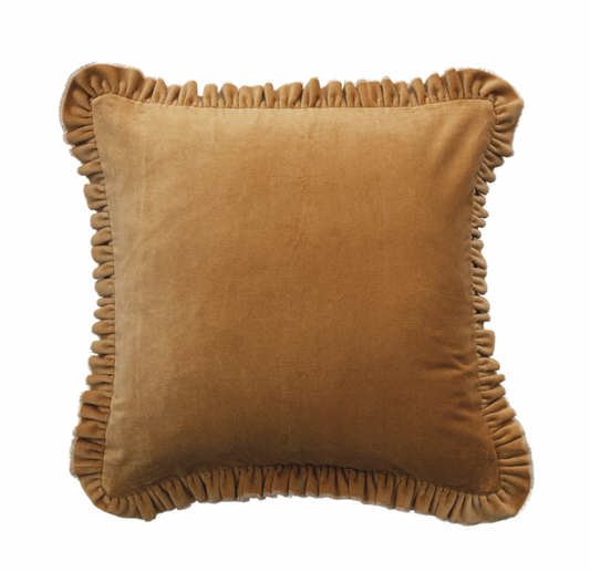 20" Square Cotton Velvet Pillow w/ Ruffled Trim, Mustard Color