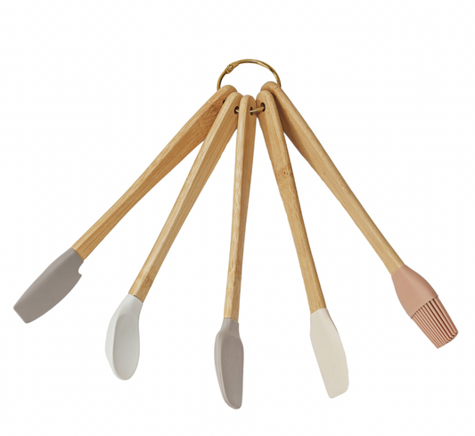 Silicone & Beech Wood Mini Kitchen Utensils Neutrals, Set of 5