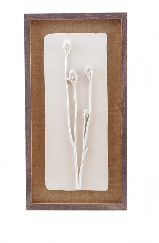 Wood Framed Wall Decor with Plaster Cast Botanical & Jute Mat, White & Brown