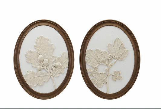 Oval Wood Framed Wall Decor with Plaster Cast Leaves & Acorns, White & Brown