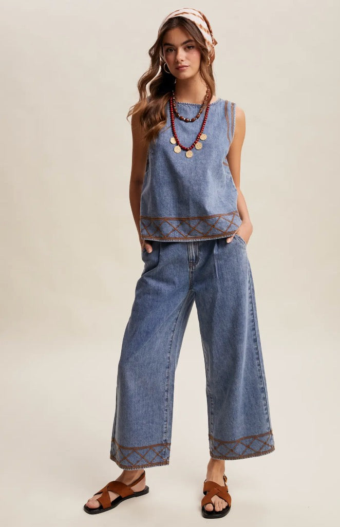 Embroidered Denim Tank & Wide-Leg Pants Set