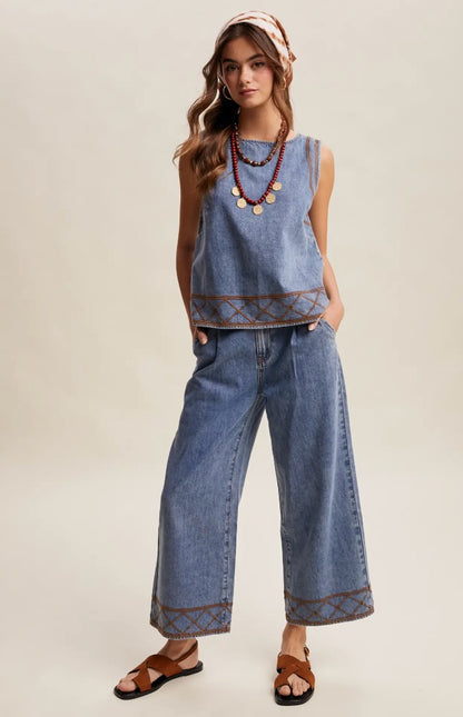 Embroidered Denim Tank & Wide-Leg Pants Set