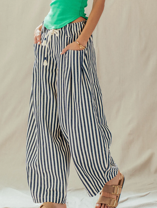Rope Drawstring Balloon Pants Pleated Front -Navy