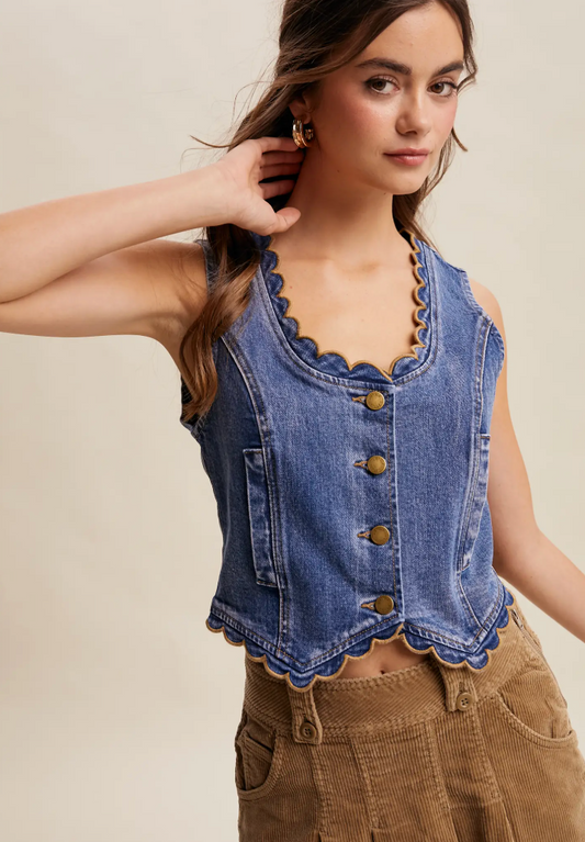 Scallop Trim Stretch Denim Vest