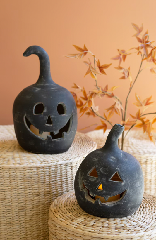 Set of 2 Black Clay Jack-O-Lanterns
