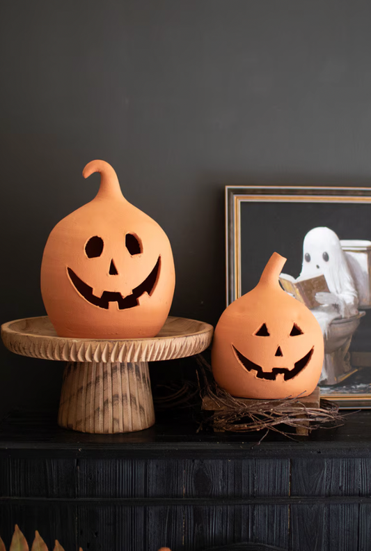Set of 2 Terracotta Jack-O-Lanterns