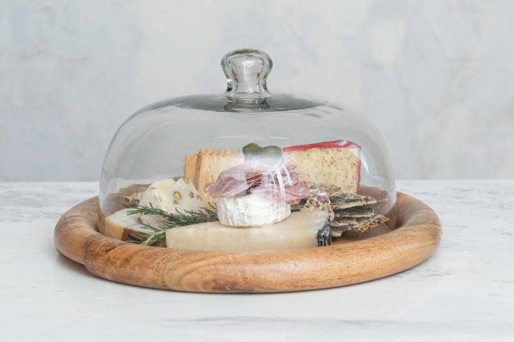 New Glass Cloche w/ Mango Wood Base, Natural