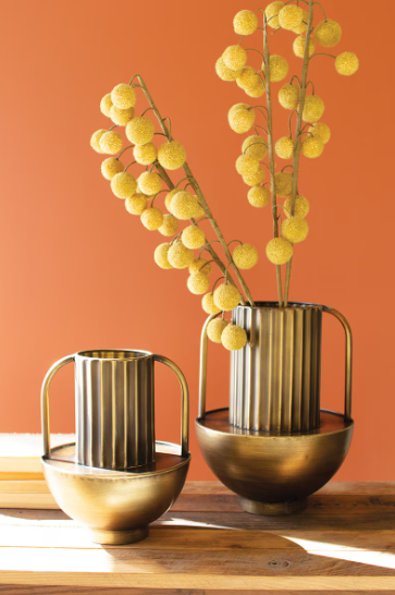 Set of 2 Metal Antique Brass Finish Vases with Handles