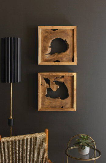 Set of 2 Square Framed Teak Wall Art