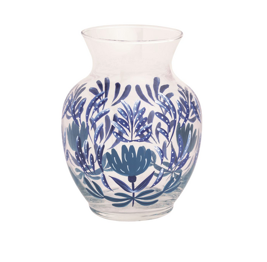 Floral Flourish Blue Glass Vase