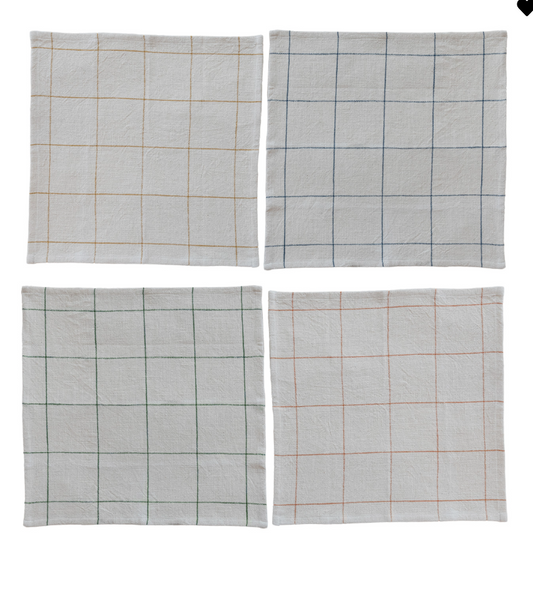 Woven Cotton Napkins with Grid Pattern, 4 Colors, Set of 4