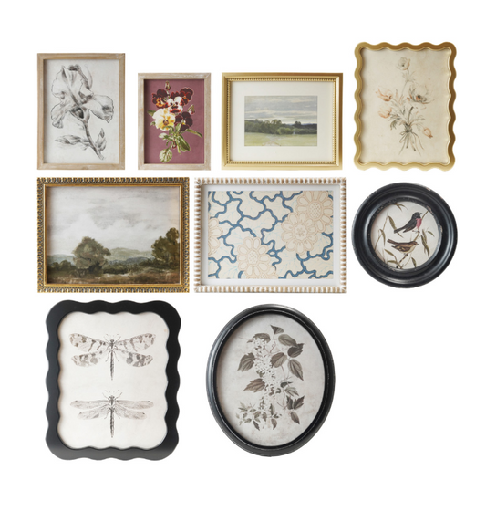 Wood Framed Glass Wall Décor w/ Landscapes, Botanicals & Insect Prints, Set of 9