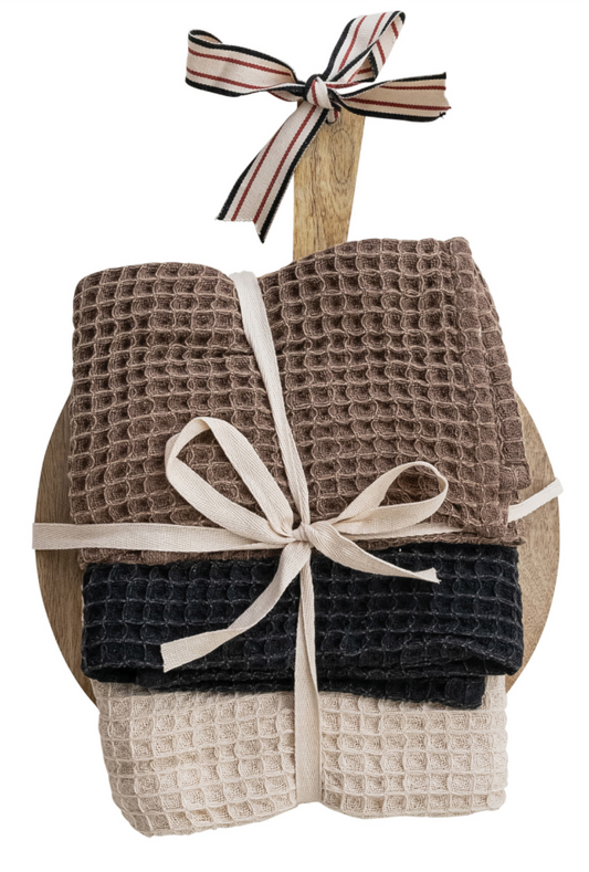 (3) Waffle Weave Tea Towels w/ Mango Wood Cheese/Serving Board, Set of 4 Tied w/ Cotton Tape