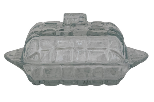 6-3/4"L x 4"W x 3"H Pressed Glass Butter Dish with Grid Pattern