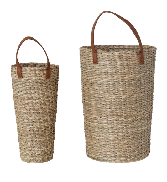 Hand-Woven Seagrass Baskets with Faux Leather Handle, Natural, Set of 2 (Hangs or Sits)