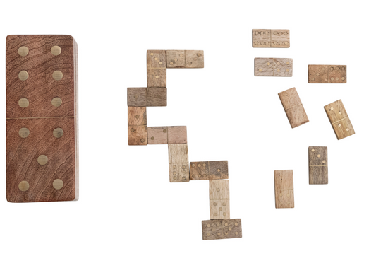 Handmade Mango Wood & Inlaid Brass Dominoes in Mango Wood Box, Natural, Set of 29