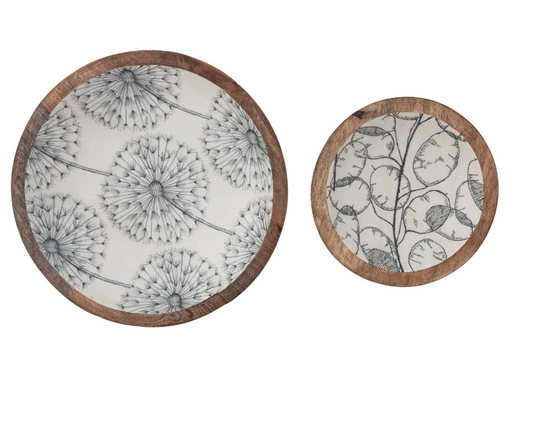 Enameled Mango Wood Bowls with Botanical Patterns, Cream Color & Grey, Set of 2